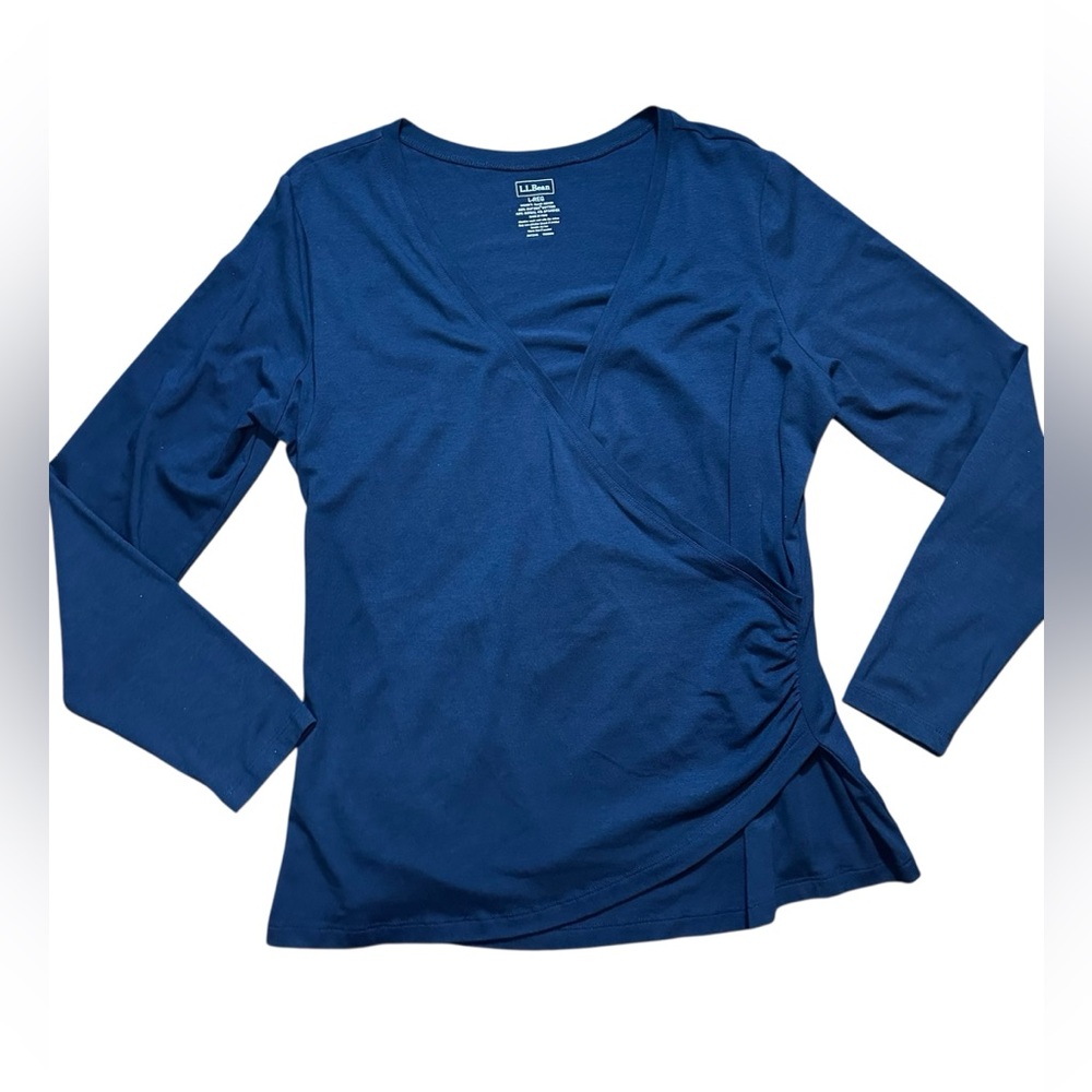 LL Bean Navy Long Sleeve Faux Wrap Ruched Top Clean Girl Essential Sz L‎